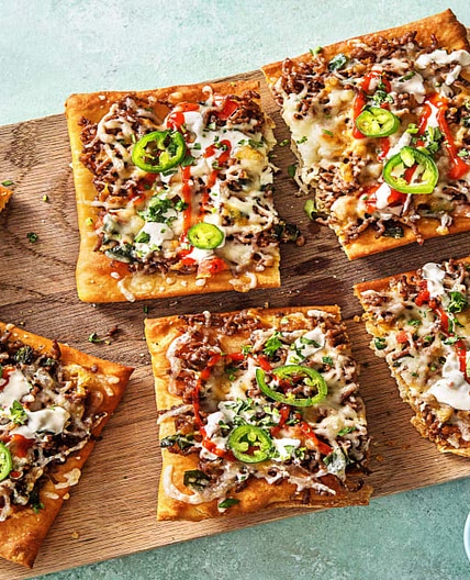Beef Taco Pizzas with Poblano and Jalapeño Peppers plus Two Kinds of Cheese