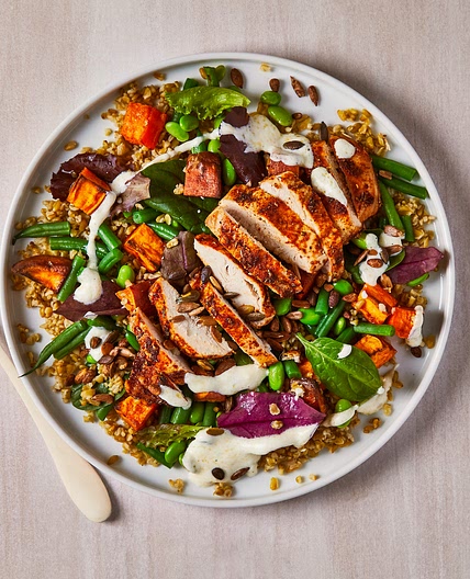 Spicy Chicken, Roasted Sweet Potato & Greens Grain Bowl