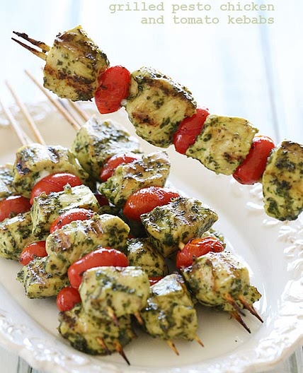 Grilled Pesto Chicken and Tomato Kebabs