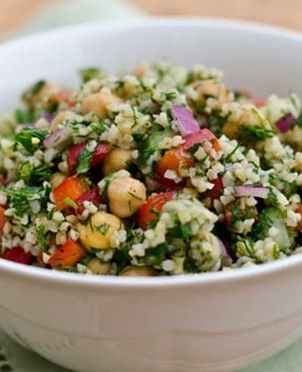 Bulgur Salad with Cucumbers, Red Peppers, Chick Peas, Lemon and Dill