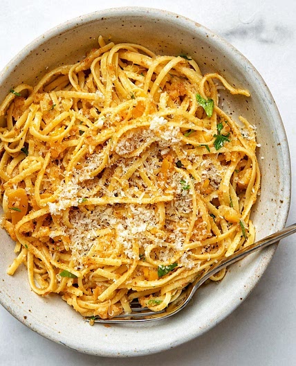 Preserved Lemon Linguine with Garlic, Parsley, Pecorino and Garlic Anchovy Breadcrumbs.