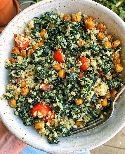 Lemon Garlic Kale Parmesan Salad with quinoa and crispy chickpeas
