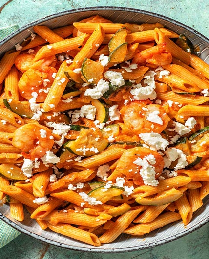 Creamy Feta & Prawn Penne with Garlicky Courgettes