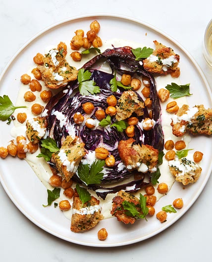 Roasted Cabbage Steaks With Crispy Chickpeas and Herby Croutons
