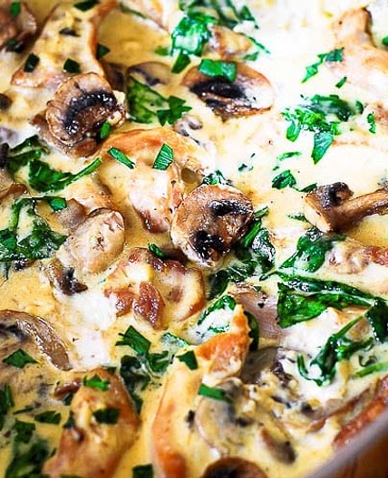 Chicken and Spinach in Creamy Parmesan Mushroom Sauce