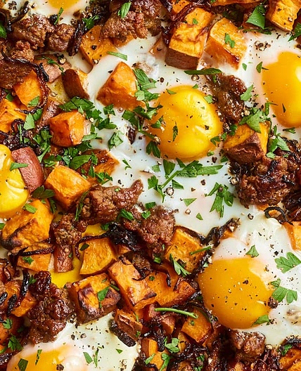 Sweet Potato Hash with Caramelized Onions, Sausage & Eggs