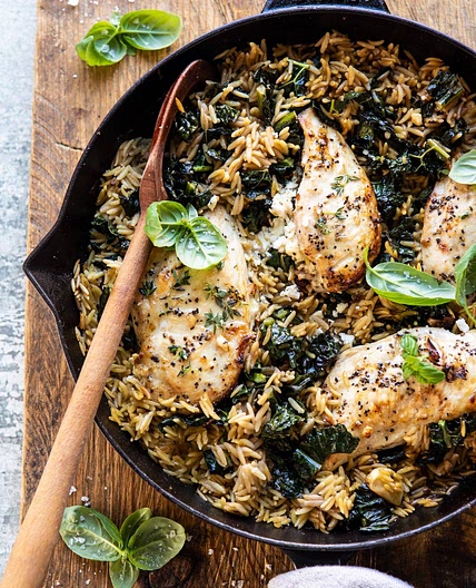 One Skillet Goat Cheese Stuffed Chicken and Orzo