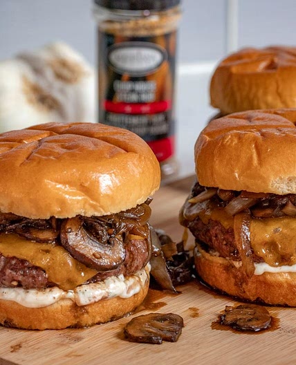 Wagyu Burgers with Caramelized Onions, Garlic Aioli and Mushrooms