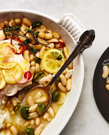 Roast Fish with Cannellini Beans and Green Olives