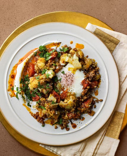 Smoky grains with eggs & harissa butter