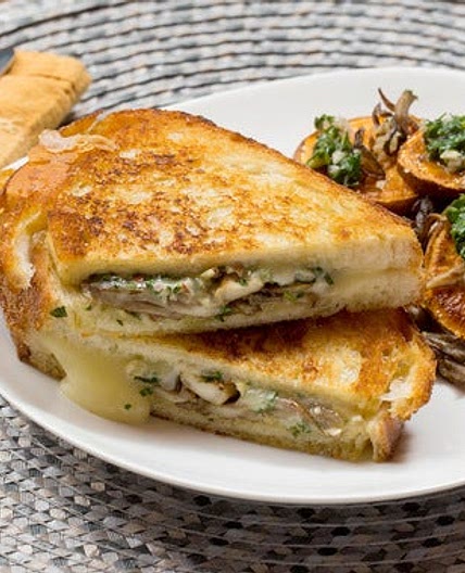 Fontina & Pesto Grilled Cheese Sandwiches with Maitake Mushrooms & Roasted Sweet Potato Rounds