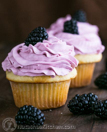 Greek Yogurt Cupcakes with Blackberry Frosting