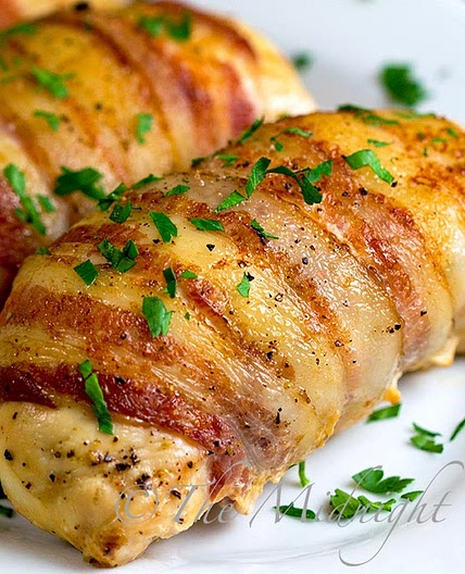 Bacon Wrapped Cheese & Mushroom Stuffed Chicken Breasts