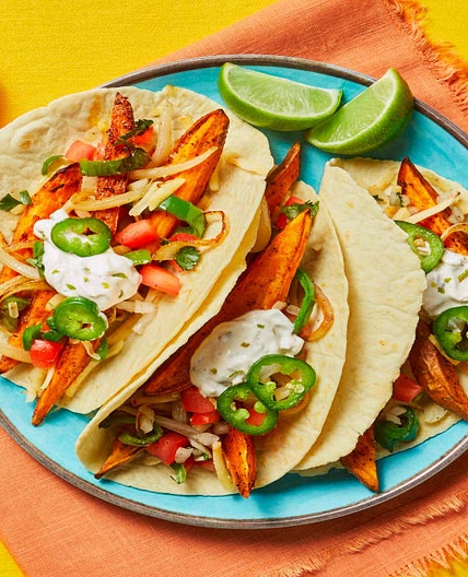 Sweet Potato Fajitas with Pepper Jack, Pickled Jalapeño & Lime Sour Cream