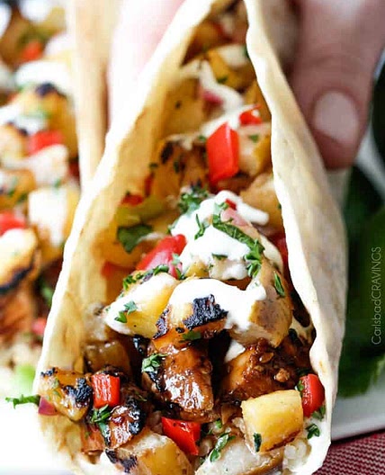 Teriyaki Chicken Tacos with Grilled Pineapple Pear Salsa