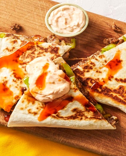 Steak & Green Pepper Quesadillas with Hot Sauce & Smoky Red Pepper Crema