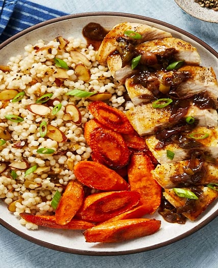 Cherry Balsamic Chicken with Almond Couscous & Roasted Carrots
