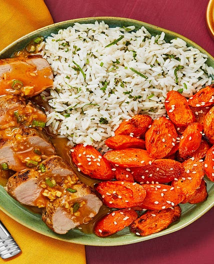 Honey Sriracha Pork Tenderloin with Roasted Sesame Carrots & Cilantro-Lime Rice