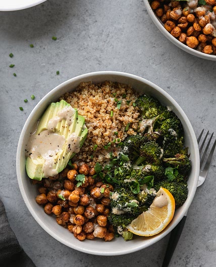 Crispy Quinoa Chickpea Bowls with Roasted Broccoli and Meyer Lemon Tahini Sauce