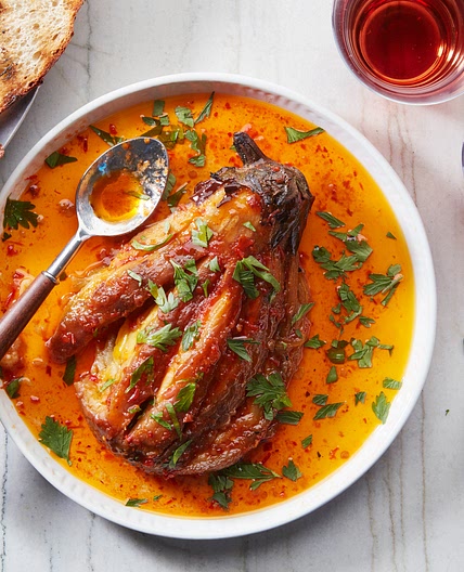 Grilled Whole Eggplant with Harissa Vinaigrette
