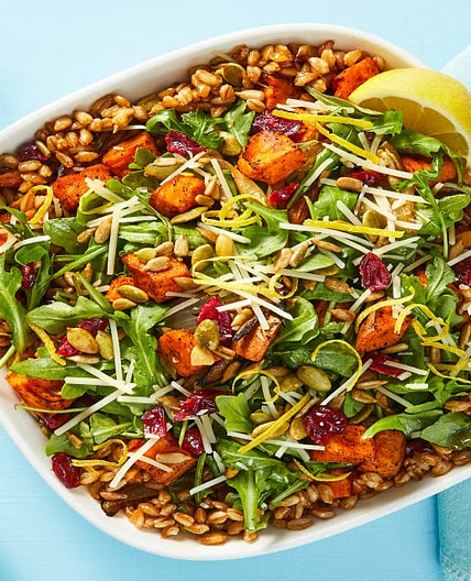 Roasted Veggie Farro Bowls with Marinated Cranberries & Salsa Verde Sunflower Pepitas