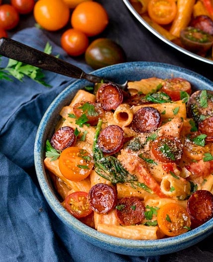 One Pot Creamy Tomato and Chorizo Rigatoni