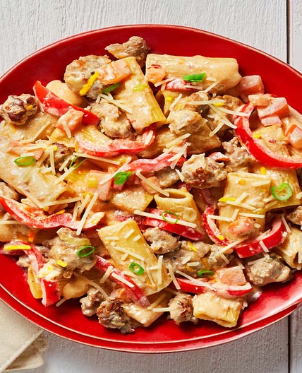 Pork Sausage Rigatoni in a Creamy Sauce with Bell Pepper & Lemon