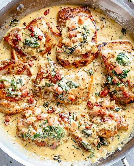 Creamy Dijon Chicken Thighs with Bacon and Spinach