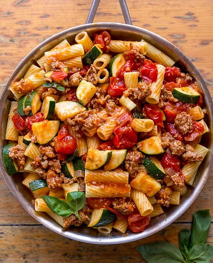 Rigatoni with Sausage, Tomatoes, and Zucchini