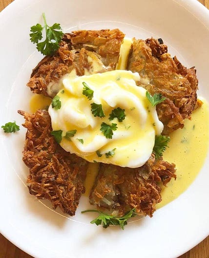 Gluten Free Sunday Brunch: Eggs Benedict with Herb Hollandaise over Pommes Darphin!