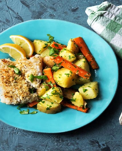 Parmesan-Crusted Cod with Herbed Potatoes and Carrots