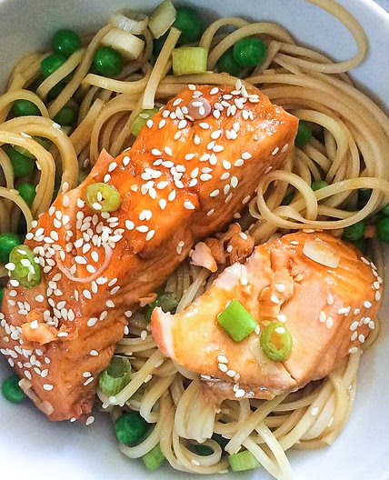 Microwave soy salmon noodles