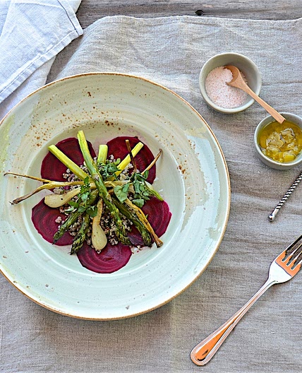 Roasted asparagus and green onion with quinoa, pickled beets