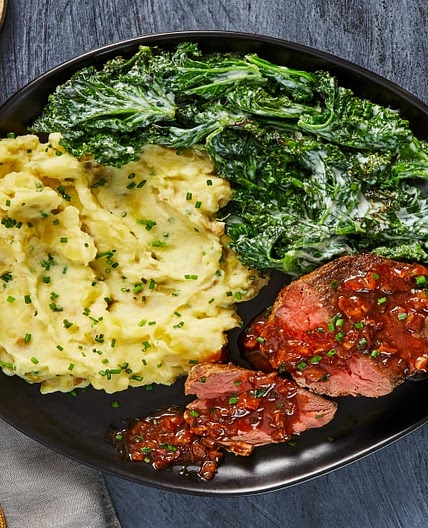 Beef Tenderloin & Shallot Pan Sauce with Garlic-Herb Creamed Kale & Mashed Potatoes