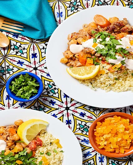 Moroccan Chicken Sausage Tagine with Dried Apricots and Chickpeas over Couscous
