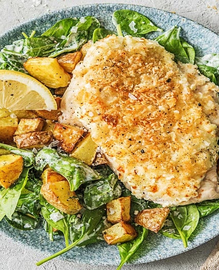 Chicken Parm Salad with Baby Spinach and a Creamy Lemon Dressing