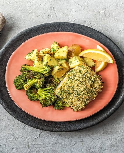 Crusted Dijon Cod with Dilled Fingerling Potatoes and Roasted Broccoli