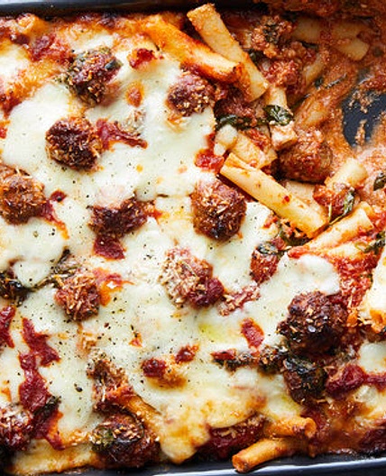 Baked Ziti With Sausage Meatballs and Spinach