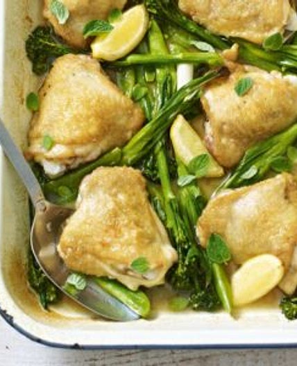 Spring chicken tray bake with green vegetables
