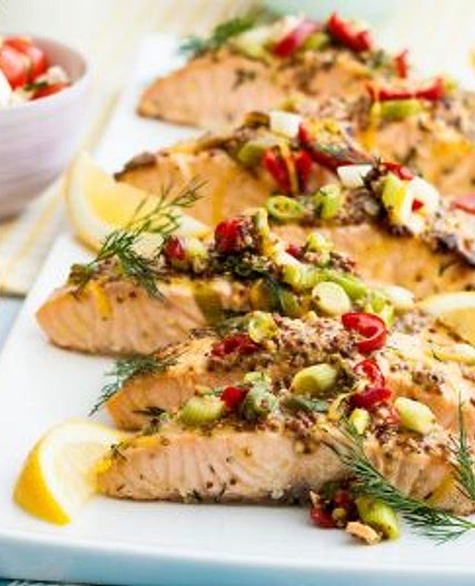 Honey and mustard marinated roast salmon