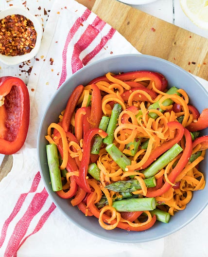 Sweet Potato Noodles with Garlic, Red Pepper & Asparagus