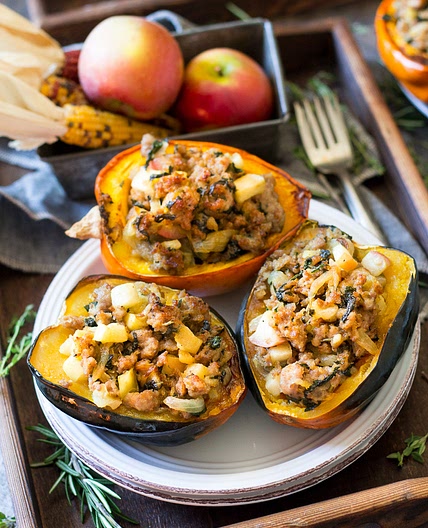 Caramelized Onion, Apple and Sausage Stuffed Acorn Squash {Paleo & Whole30}