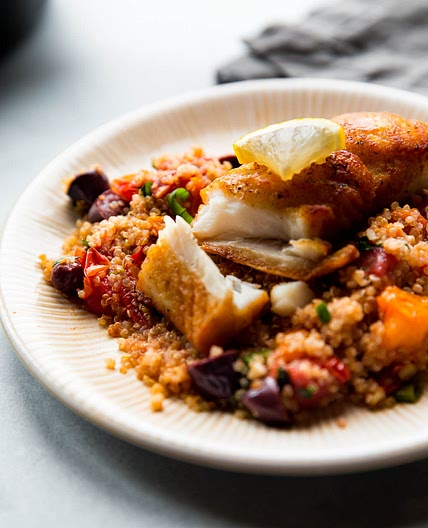 Crispy Pan-Seared Halibut with Tomato Basil Quinoa
