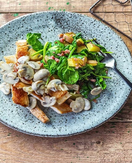 Pan-Fried Turkey Steak with Mushroom Sauce and Pancetta Roasties