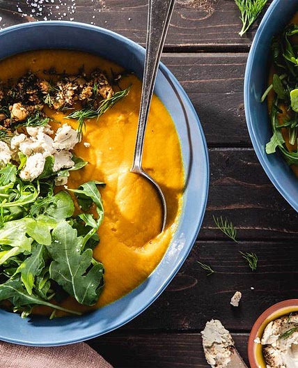 Gingered Carrot Soup with Herb Garlic Cashew Cheese & Dukkah Spice