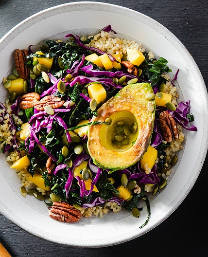 Tropical Grain Bowl with Pan-Seared Avocado and Mango Vinaigrette