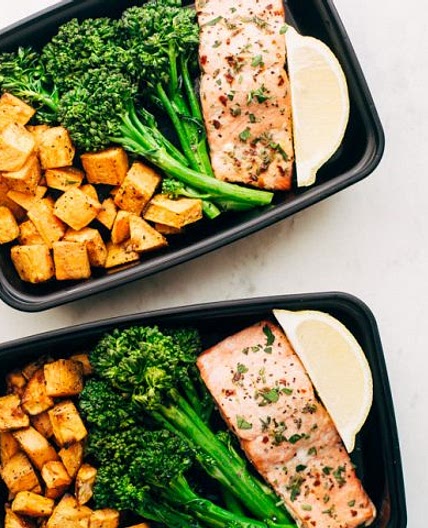 Lemon Roasted Salmon with Sweet Potatoes and Broccolini
