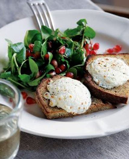 Melted Goats’ Cheese on Wholegrain Soda Bread with a Watercress and Pomegranate Salad