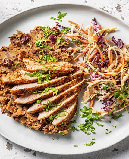 Lean Cajun Turkey Steak with Crushed Beans and Chipotle-Spiced Slaw