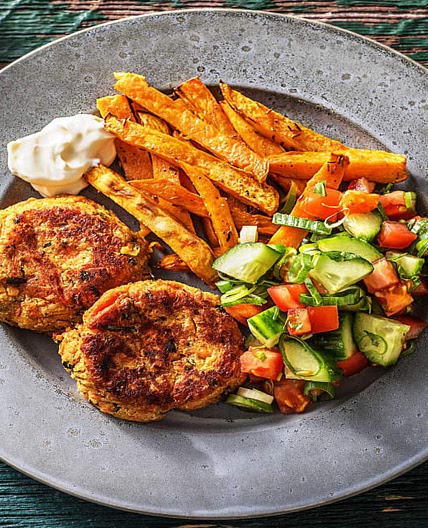 Indian Chickpea Koftas with Sweet Potato Fries and Salad